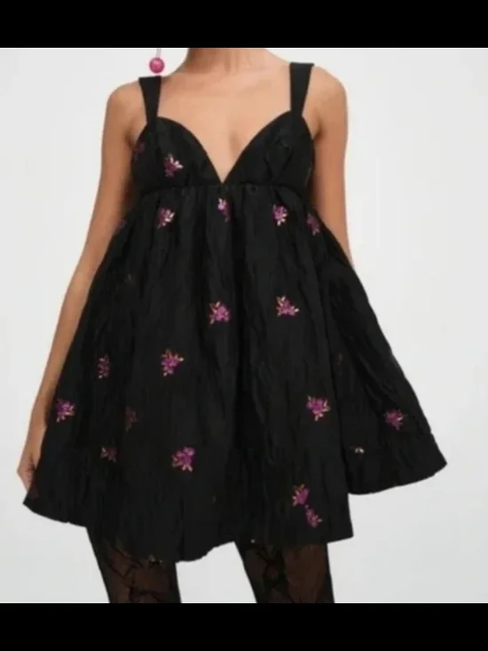 For Love And Lemons X Sachi Black Mini Dress Size Large Floral Jacquard - Picture 1 of 6